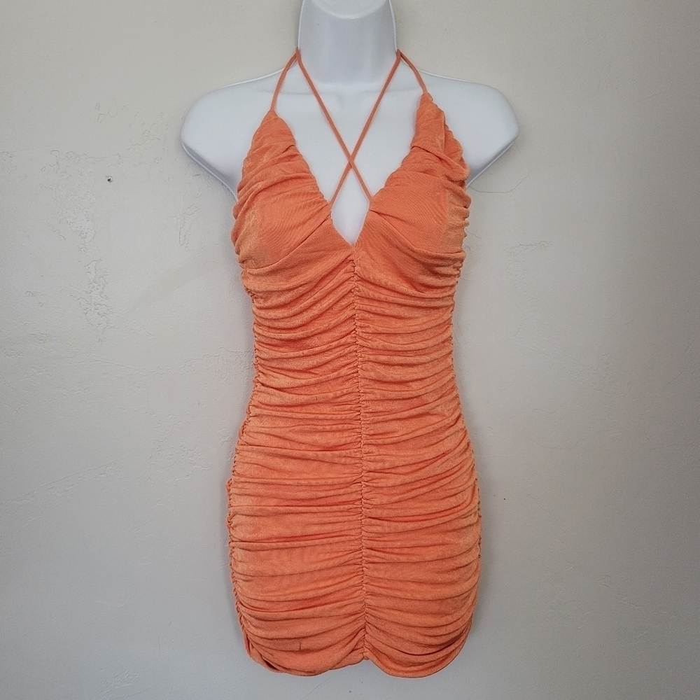 White Fox Women's Small Orange Metallic Bodycon Mini Dress Ruched Halter Top
